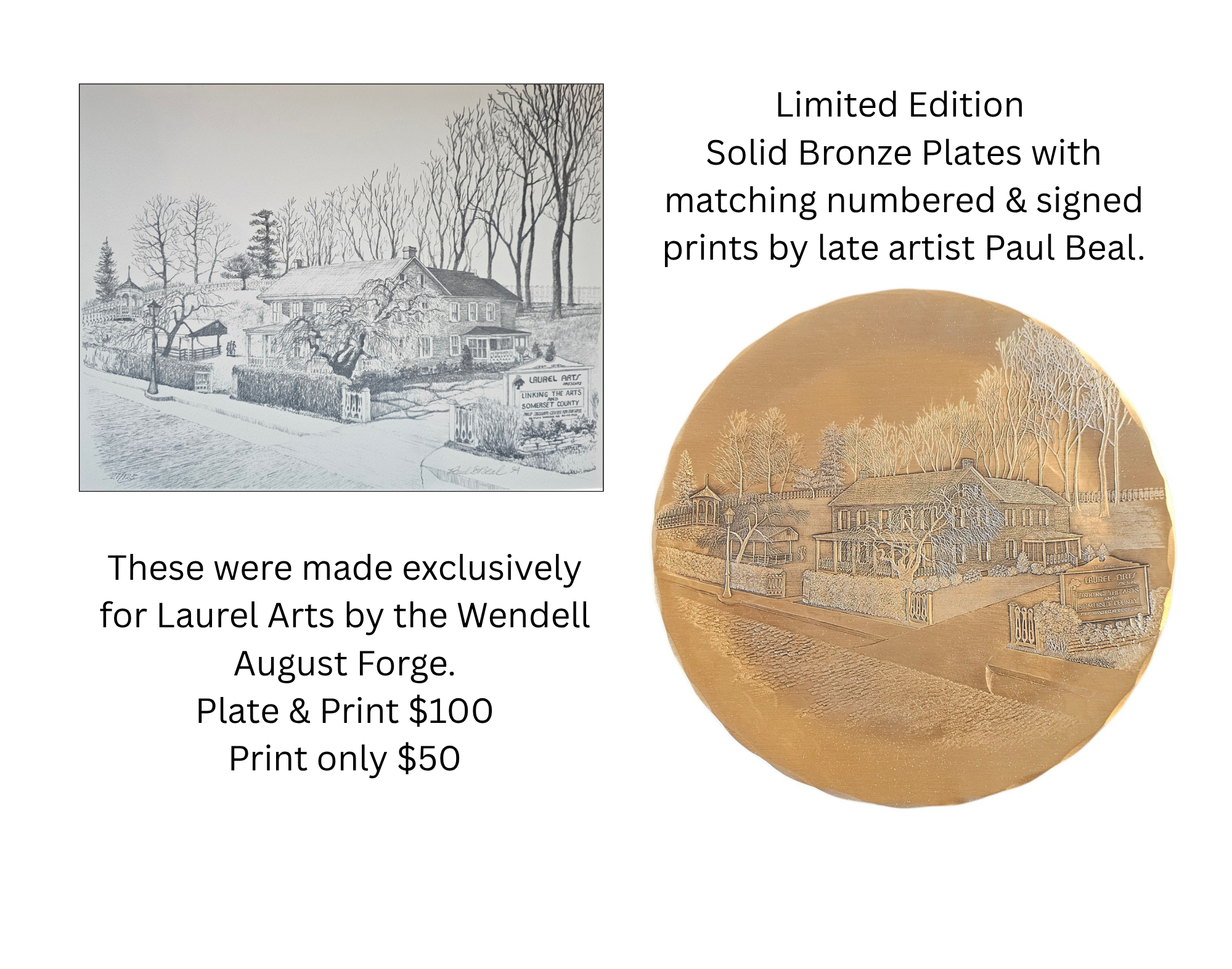 Limited Edition Solid Bronze Plates with matching numbered & signed prints by late artist Paul Beal. Made exclusively for Laurel Arts by the Wendell August Forge. Plate & Print $100 Print only $50